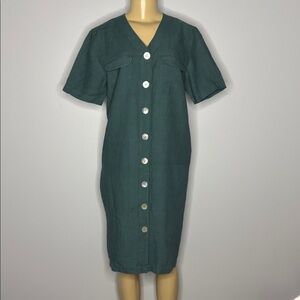 Vintage Tess Women's Button-Front Teal Green Linen Dress Size 8